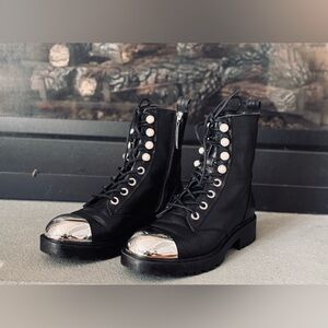 ZARA Silver Toe Pearl Rivet Black Leather Combat Boots Women's US Size 6 EU 36